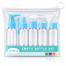 Load image into Gallery viewer, A Yuhua empty bottle set in a clear zippered plastic pouch. The set includes five clear plastic bottles with light blue caps (one pump, four sprayers), a funnel, and a small brush, all displayed against a clean white background.
