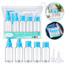 Load image into Gallery viewer, A Yuhua empty bottle set with six clear plastic travel spray bottles and pump bottles, each with a light blue cap, shown with a clear zip pouch, plus two accessories: a small white funnel and a white applicator. Two circular inset images demonstrate the pouch and the set packed in a bag.
