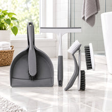 تحميل الصورة في عارض المعرض، A 5-piece kitchen cleaning set in gray, including a dustpan with a brush, a squeegee, a scrubber, a brush, and a cleaning sponge, all shown on a white background.
