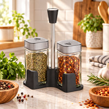 Load image into Gallery viewer, Shakers - Glass Spice seasoning jars Set of 2 with Plastic Lids &amp; Holder on a countertop, compact and stylish design.
