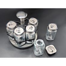 Load image into Gallery viewer, Shakers - Glass Spice seasoning jars Set of 6 with Plastic Lids &amp; Holder displayed on a black background.
