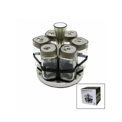 Shakers - Glass Spice seasoning jars Set of 6 with Plastic Lids & Holder displayed in a stylish holder.