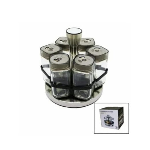Shakers - Glass Spice seasoning jars Set of 6 with Plastic Lids & Holder displayed in a stylish holder.