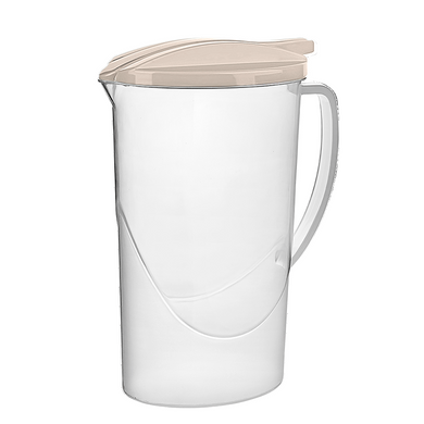 Clear pitcher with a beige lid on a white background