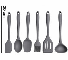 Load image into Gallery viewer, Six gray silicone kitchen utensils including spatulas, a spoon, a brush, and a slotted spoon, shown on a white background with a 20 cm height marker on the left.
