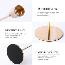 Load image into Gallery viewer, A four-panel product feature graphic showing a rose gold candle holder from multiple angles with text callouts: 'EXQUISITE LOOK,' 'WEIGHTED BASES,' and 'ANTI-SLIP DESIGN.' The top-left panel shows the candle holder with a gold interior and rose gold exterior; the middle-right panel shows the round rose gold base and vertical stem; the bottom-left panel shows the circular black anti-slip pad on the stem.
