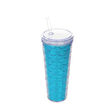 Load image into Gallery viewer, A clear plastic travel tumbler with a vibrant blue mermaid scale pattern, featuring a clear lid and straw, set against a plain white background.
