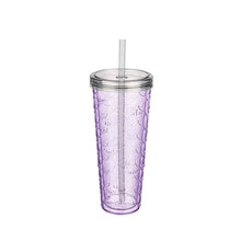 Load image into Gallery viewer, A tall, clear plastic travel tumbler in lavender purple with a textured mermaid tail pattern, featuring a clear lid and a white straw, shown on a solid white background.
