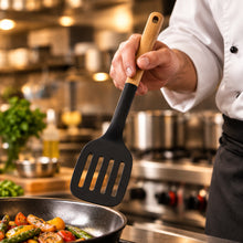 تحميل الصورة في عارض المعرض، Heat-Resistant Silicone Turner 32cm | Wooden-Style Spatula
