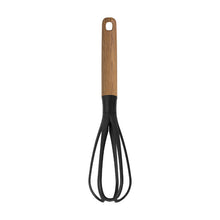 Load image into Gallery viewer, A kitchen whisk with a light brown wooden handle and black wire loops, centered on a plain white background.
