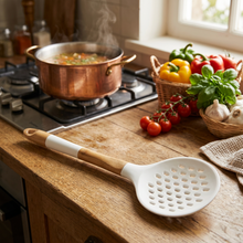 تحميل الصورة في عارض المعرض، Silicone Cooking Skimmer | Wooden Handle Strainer Spoon
