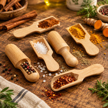 Load image into Gallery viewer, Six small light wood scoop or mold tools arranged on a plain white background.
