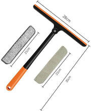 Load image into Gallery viewer, Cleaning tool with squeegee and microfiber pads, shown with measurements on a white background.
