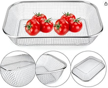 تحميل الصورة في عارض المعرض، Rectangular stainless steel wire basket with a lid, shown on a white background with three circular detail insets and tomatoes placed inside the basket.
