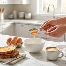 Load image into Gallery viewer, Egg separator with yolk and white on a wooden surface
