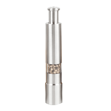 Stainless steel pepper and spice grinder with adjustable coarseness for versatile seasoning.