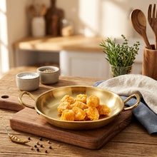 Load image into Gallery viewer, Gold-colored stainless steel food pan with handles on a wooden board, containing golden fried food pieces, with chopsticks lifting one piece against a dark background with Chinese text.
