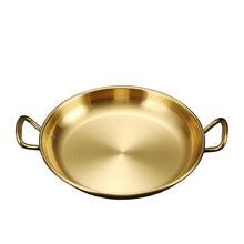 Load image into Gallery viewer, A round brushed gold metal shallow pan with two loop handles, shown on a dark textured background with a measurement spec overlay at the top.
