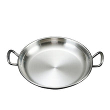Load image into Gallery viewer, A stainless steel shallow pan with two loop handles, shown on a dark textured background with a specification chart overlay at the top detailing its dimensions.
