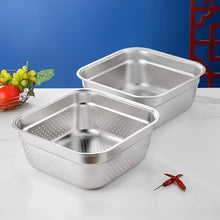 Load image into Gallery viewer, Two stainless steel rectangular colanders with perforated sides, displayed on a white surface with a blue background and small food props.
