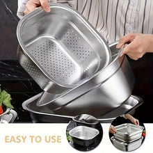 Load image into Gallery viewer, A stainless steel colander basket being held by a person in a striped shirt, with a matching metal sink basin underneath. The image includes an 'EASY TO USE' banner and two small circular inset demonstrations at the bottom showing the product in use.
