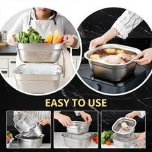 Load image into Gallery viewer, A stainless steel multi-tier strainer basket set shown in a kitchen-use collage with circular and square inset photos of hands placing vegetables and cooking chicken into the strainer system. Large text reads 'EASY TO USE' on a black marble-style background.
