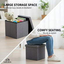 Load image into Gallery viewer, Gray storage ottoman with toys and books, and a person sitting on it in a home setting.
