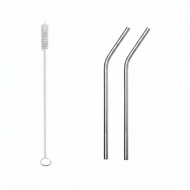 Set of stainless steel straws with a cleaning brush on a white background