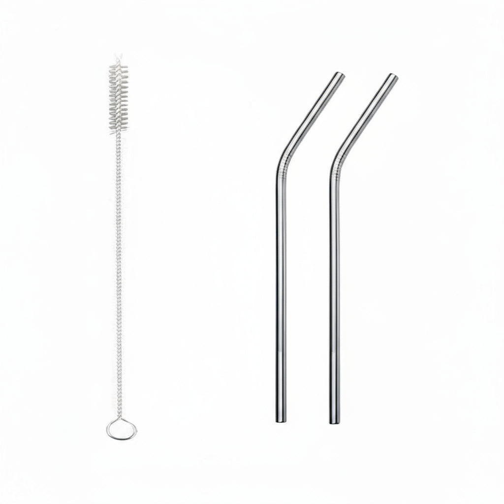 Set of stainless steel straws with a cleaning brush on a white background