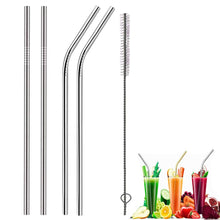 Load image into Gallery viewer, Set of metal straws with a cleaning brush on a white background, with drinks and fruits below.
