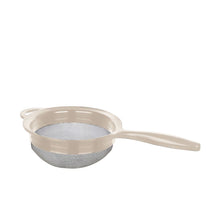 تحميل الصورة في عارض المعرض، A small kitchen strainer with a beige plastic frame and handle, and a silver metal mesh bottom, shown on a plain white background.
