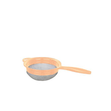 تحميل الصورة في عارض المعرض، A small kitchen strainer with a peach-colored plastic frame and handle, and a gray mesh screen, shown on a plain white background.
