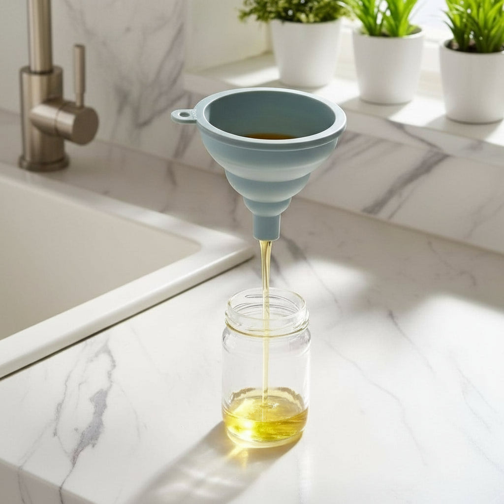 Collapsible funnel pouring liquid into a jar on a kitchen counter.