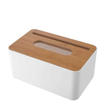 تحميل الصورة في عارض المعرض، A white plastic tissue box with a wooden cover featuring a mobile slot.
