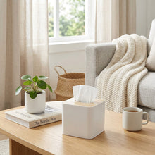 تحميل الصورة في عارض المعرض، Tissue Box - Square Plastic with MDF Cover - Paper Napkin Holder Case on a desk with a laptop and coffee.
