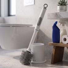 تحميل الصورة في عارض المعرض، Bathroom Toilet Brush Set - Soap Dispensing Silicone Wand &amp; Quick-Dry Holder (White &amp; Grey)
