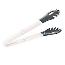 Load image into Gallery viewer, A pair of heat resistant serving and cooking tongs with black handles and a metallic body, possibly made of plastic or nylon.
