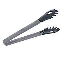 Load image into Gallery viewer, A pair of heat resistant serving and cooking tongs with black handles and gray metal.
