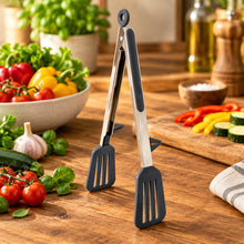Load image into Gallery viewer, A pair of grey silicone tip locking tongs with non-slip handles and built-in stands.
