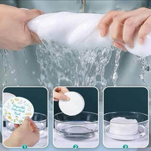 Load image into Gallery viewer, Foamy cleaning product being used with water, with inset images showing its use on a glass surface.
