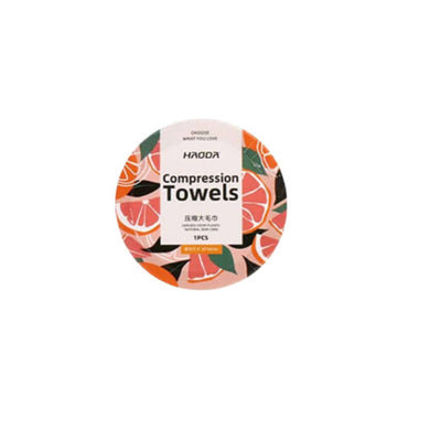 Pack of compression towels with a colorful design on a white background
