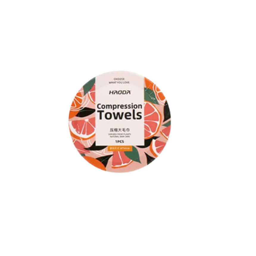 Pack of compression towels with a colorful design on a white background
