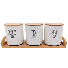 Load image into Gallery viewer, 3-Piece Ceramic Canister Set with Bamboo Lids &amp; Serving Tray | Decorative Kitchen Storage Containers for (Coffee - Tea - Sugar)
