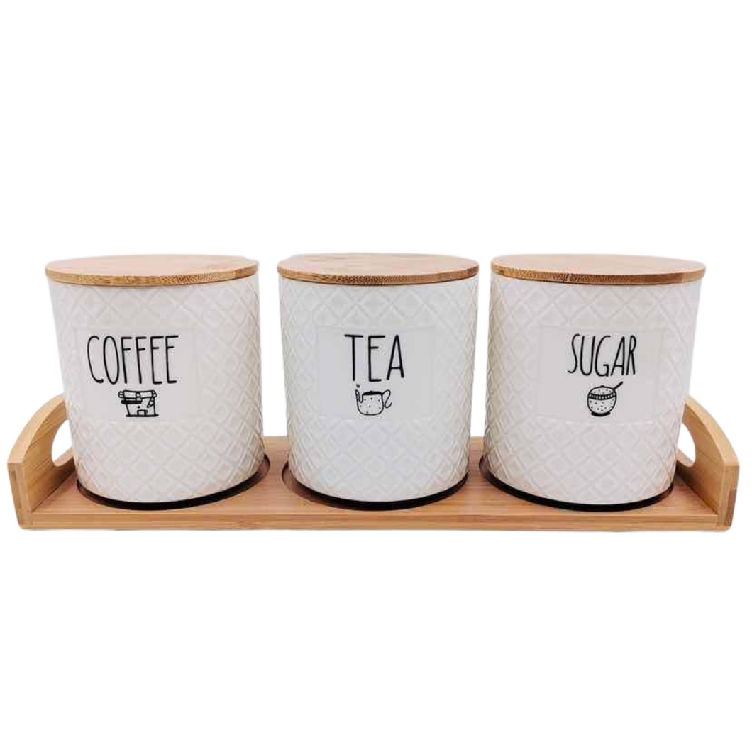 3-Piece Ceramic Canister Set with Bamboo Lids & Serving Tray | Decorative Kitchen Storage Containers for (Coffee - Tea - Sugar)
