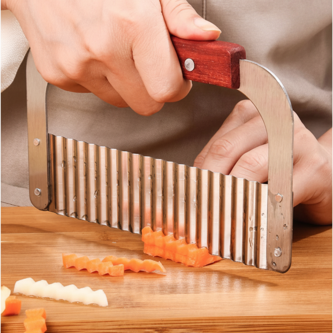 1 Pc Durable French Fry & Vegetable Crinkle Cutter | Wavy Slicer with Wooden Handle