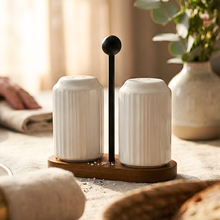 تحميل الصورة في عارض المعرض، 2-piece Porcelain Shaker Set - Porcelain Spice seasoning jars with Wooden base &amp; Metal handle
