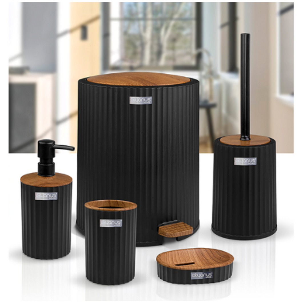 Bathroom Accessories Set - 5 Pcs Decor Bathroom Set (Coliseum) - Wooden Frame - With Pedal Waste Bin