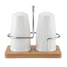 تحميل الصورة في عارض المعرض، 2-Piece Porcelain Spice Shaker Set - Seasoning Jars with Wooden Base &amp; Metal Handle
