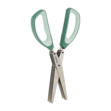 Load image into Gallery viewer, Pair of kitchen shears with green handles on a white background
