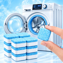 Load image into Gallery viewer, Washing Machine Cleaning Tablets | Deodorizer for Front and Top Loading Machines - Pack of 12 with washing machine and cleaning tablets.
